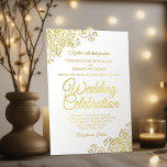 Elegante Gold Floral Frills auf der White Chic Wed Folieneinladung<br><div class="desc">Diese elegante Hochzeitseinladung beinhaltet echten Foliendruck auf einem klassischen weißen Hintergrund. Das wunderschöne Design hat extravagante Schriftzeichen mit verzierten Blumenbögen und Wirbel in den Ecken. Stilvoll,  elegant,  raffiniert und elegant,  ist diese Einladung extravagant und glänzend. Eine wunderschöne und elegante Art,  Freunde und Familie zu einem unvergesslichen Erlebnis zu einladen.</div>