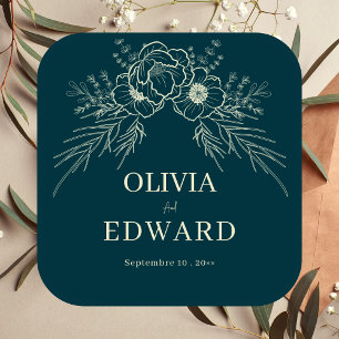 Elegante Gold Floral Hand Drawn Wedding Quadratischer Aufkleber