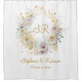 Elegante Gold Floral Monogram Logo Hochzeitsgesche Duschvorhang (Vorderseite)