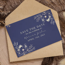 Elegante Gold Floral Navy Blue Save the Date Card
