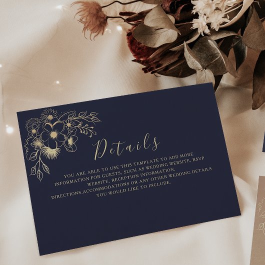 Elegante Gold Floral Navy Hochzeitskarte Begleitkarte