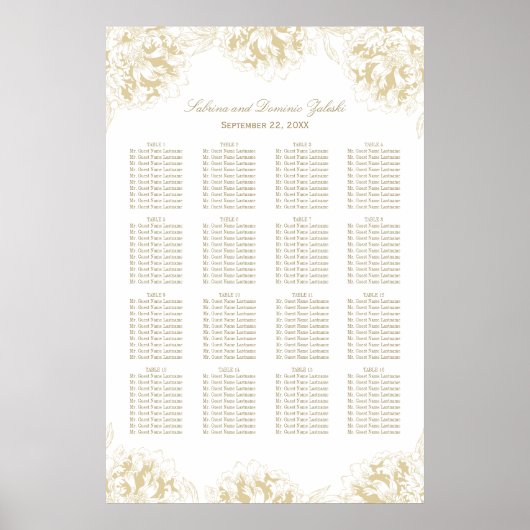 Elegante Gold Floral Peony Wedding Seating Poster (Vorne)