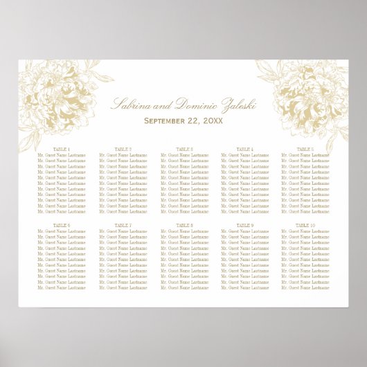 Elegante Gold Floral Peony Wedding Seating Poster (Vorne)