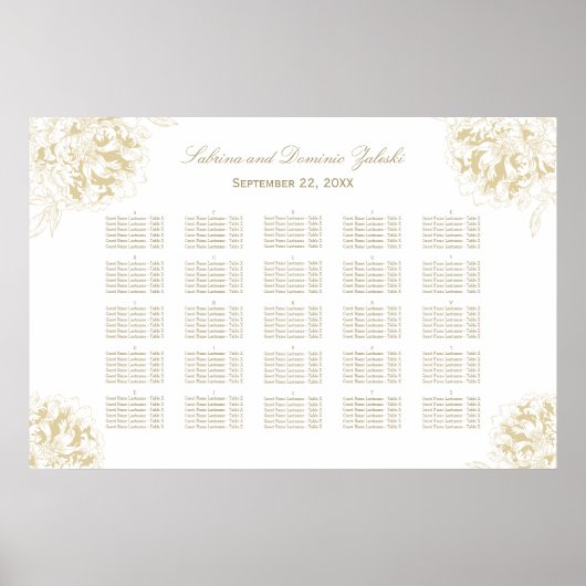 Elegante Gold Floral Peony Wedding Seating Poster (Vorne)