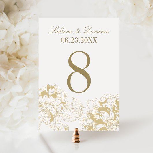 Elegante Gold Floral Peony Wedding Tischnummer