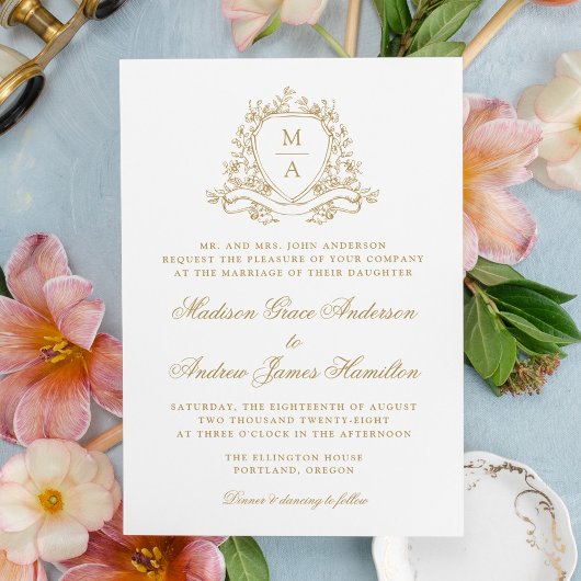 Elegante Gold Floral Wappen Monogram Wedding Einladung