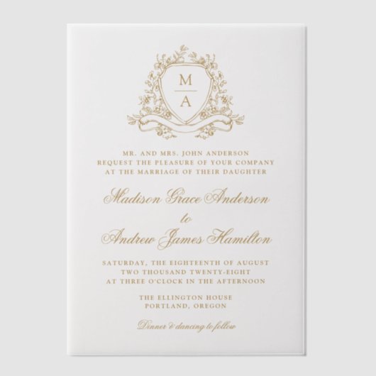 Elegante Gold Floral Wappen Monogram Wedding Pergament Einladungen (Vorderseite)