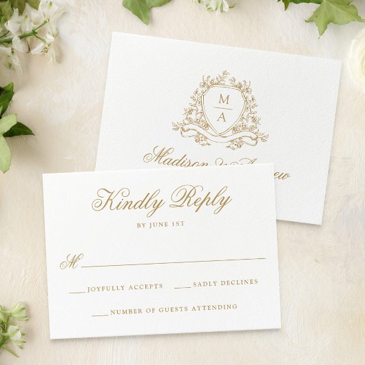 Elegante Gold Floral Wappen Monogram Wedding RSVP Karte