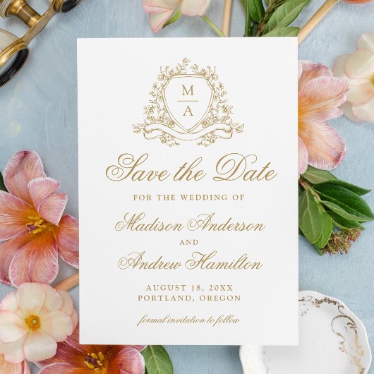 Elegante Gold Floral Wappen Monogram Wedding Save The Date