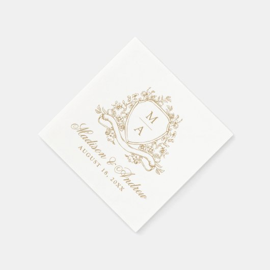 Elegante Gold Floral Wappen Monogram Wedding Serviette (Ecke)