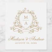 Elegante Gold Floral Wappen Monogram Wedding Weinetikett (Einzelnes Label)