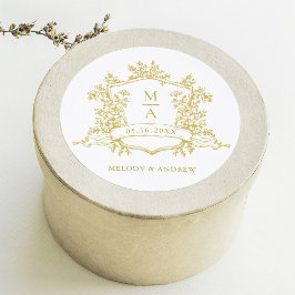 Elegante Gold Floral Wappen Monogramme Hochzeit Runder Aufkleber