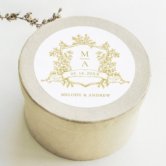 Elegante Gold Floral Wappen Monogramme Hochzeit Runder Aufkleber