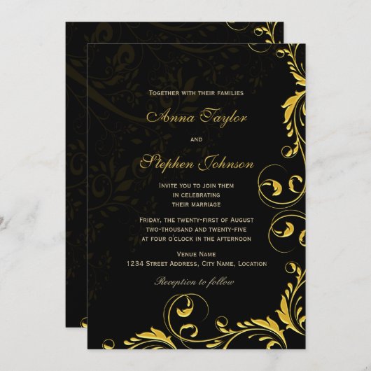 Elegante Gold Floral Wirbel Einladung (Vorne/Hinten)