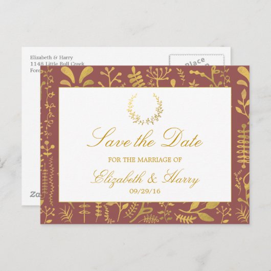 Elegante Gold Floral Wreath Wedding rettet das Dat Ankündigungspostkarte (Vorne/Hinten)