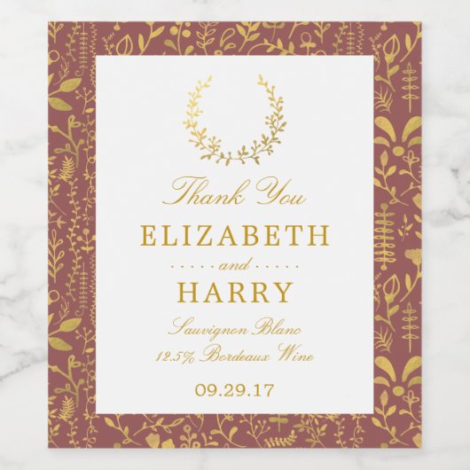 Elegante Gold Floral Wreath Wedding Weinetikett (Einzelnes Label)
