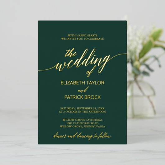 Elegante Gold Foil Calligrafy | Emerald Wedding Folieneinladung (Stehend vorne)
