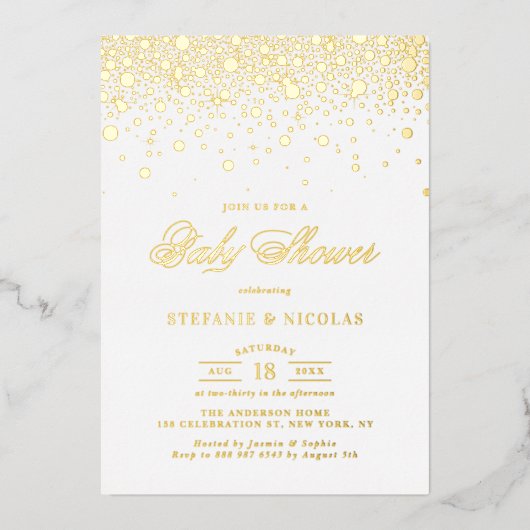 Elegante Gold Foil Confetti Dots Baby Shower Folieneinladung (Vorderseite)