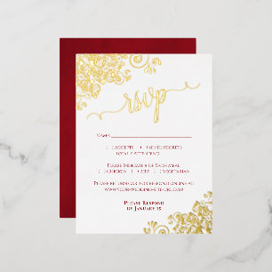 Elegante Gold Foil Crimson Red Wedding RSVP Card Folie Einladungspostkarte