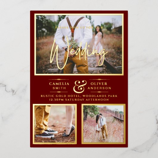 Elegante GOLD FOIL Foto Collage Burgundy Wedding Folieneinladung (Vorderseite)