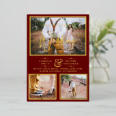 Elegante GOLD FOIL Foto Collage Burgundy Wedding Folieneinladung (Stehend vorne)