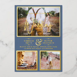 Elegante GOLD FOIL Foto Collage Dusty Blue Wedding Folieneinladung