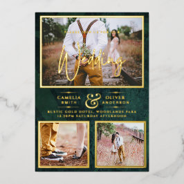 Elegante GOLD FOIL Foto Collage Green Wedding Folieneinladung