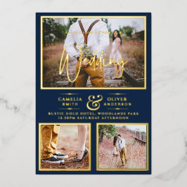 Elegante GOLD FOIL Foto Collage Navy Blue Wedding Folieneinladung