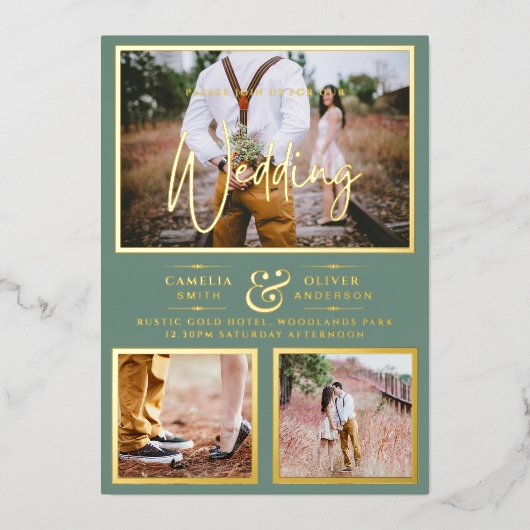 Elegante GOLD FOIL Foto Collage Sage Wedding Folieneinladung (Vorderseite)