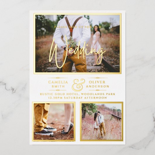 Elegante GOLD FOIL Foto Collage White Wedding Folieneinladung (Vorderseite)