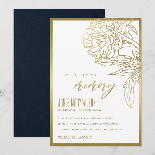 ELEGANTE GOLD FOIL IMITATS FLORAL BEILEID MEMORIY  DANKESKARTE (Vorne/Hinten)