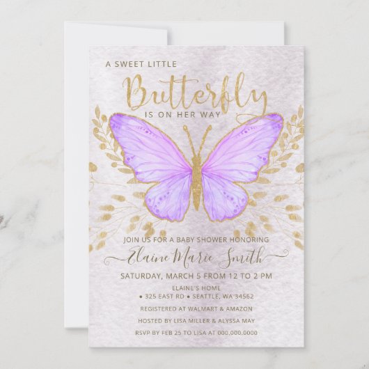 Elegante Gold Foil Lila Butterfly Babydusche Einladung (Vorderseite)