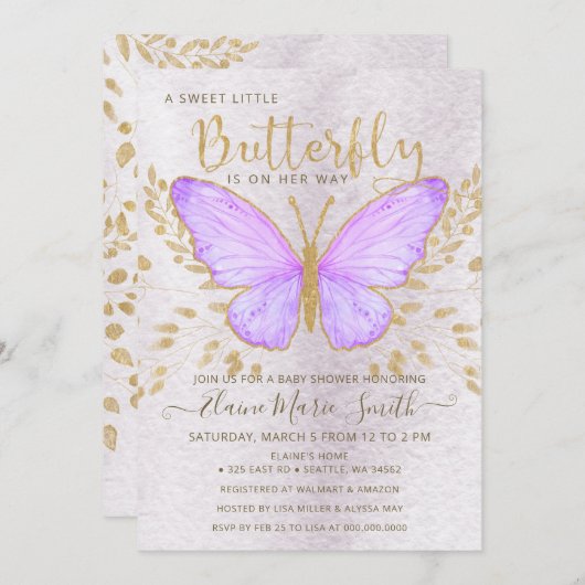 Elegante Gold Foil Lila Butterfly Babydusche Einladung (Vorne/Hinten)