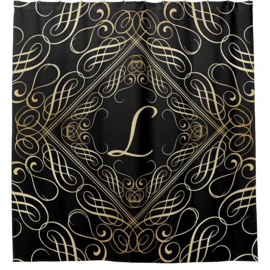 Elegante Gold Foil Look Skulptur Skript auf schwar Duschvorhang (Vorderseite)