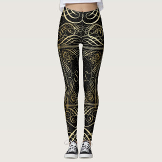 Elegante Gold Foil Look Skulptur Skript auf schwar Leggings