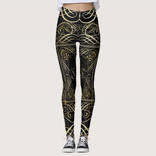 Elegante Gold Foil Look Skulptur Skript auf schwar Leggings (Vorderseite)