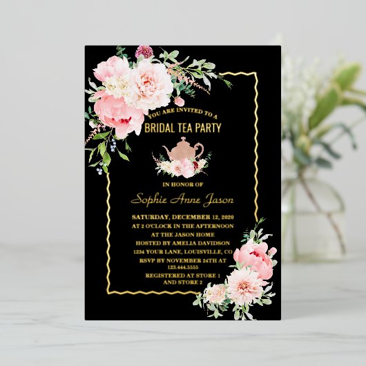 Elegante GOLD FOIL Rosa Blume Bridal Tee Party Folieneinladung (Stehend vorne)