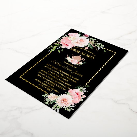 Elegante GOLD FOIL Rosa Blume Bridal Tee Party Folieneinladung (Gedreht)