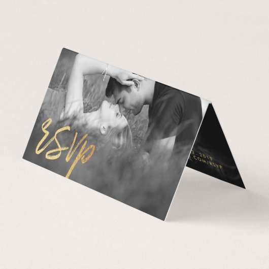 Elegante Gold Foil Script Double Foto RSVP Card Visitenkarten (Vorderseite)