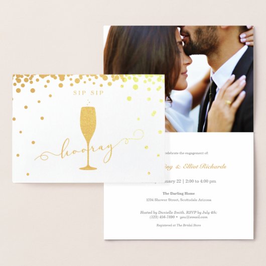 Elegante Gold Foil Sip Hooray Engagement Party Folienkarte (Anzeige)