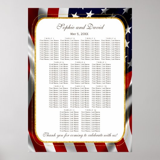 Elegante Gold Foil USA Flag Hochzeitsstichtabelle Poster (Vorne)