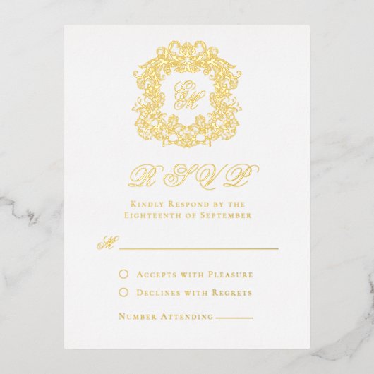 Elegante Gold Foil Wappen Monogram Wedding RSVP Ca Folie Einladungspostkarte (Vorderseite)
