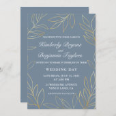 Elegante Gold Foliage auf staubigen Blue Luxury We Einladung (Vorne/Hinten)
