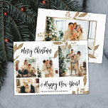 Elegante Gold Foliage Foto Collage Weihnachtskarte<br><div class="desc">Elegantes, modernes und weißes botanisches Blätter 4 FotoCollage Frohe Weihnachtskarte. Dieses festliche, mimimalistische, skurrile vier (4) Foto-Urlaubskarte-Template verfügt über eine hübsche Foto-Collage, Imitate Gold-Folie botanische Blätter, Winterbeeren und sagt Frohe Weihnachten und Glück Neues Jahr! Der Grußtext "Frohe Weihnachten und Glück im neuen Jahr" ist in einem schönen, schwarzen Schriftart mit...</div>