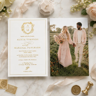 Elegante Gold-Folie-Monogramm-Wappen-Foto-Hochzeit Folieneinladung