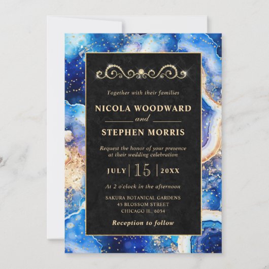 Elegante Gold Frame Blue Celestial Agate Wedding Einladung (Vorderseite)