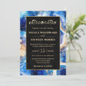 Elegante Gold Frame Blue Celestial Agate Wedding Einladung (Stehend Vorderseite)