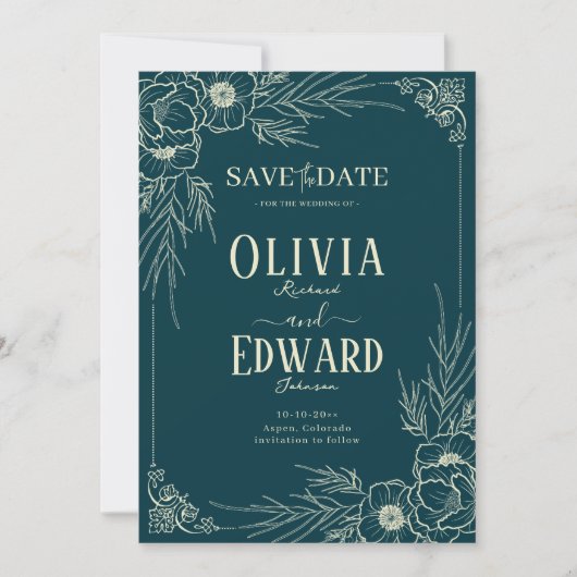 Elegante Gold Frame Blume Hochzeit Save The Date (Vorderseite)