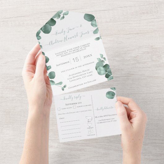 Elegante Gold Frame Eukalyptus Menü Auswahl Hochze All In One Einladung (Abreißen)