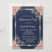 Elegante Gold Frame Floral Navy Blue Retirement Einladung (Vorderseite)